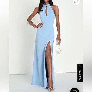 Lulu's - Striking Elegance Light Blue Bow Backless Halter Maxi Dress